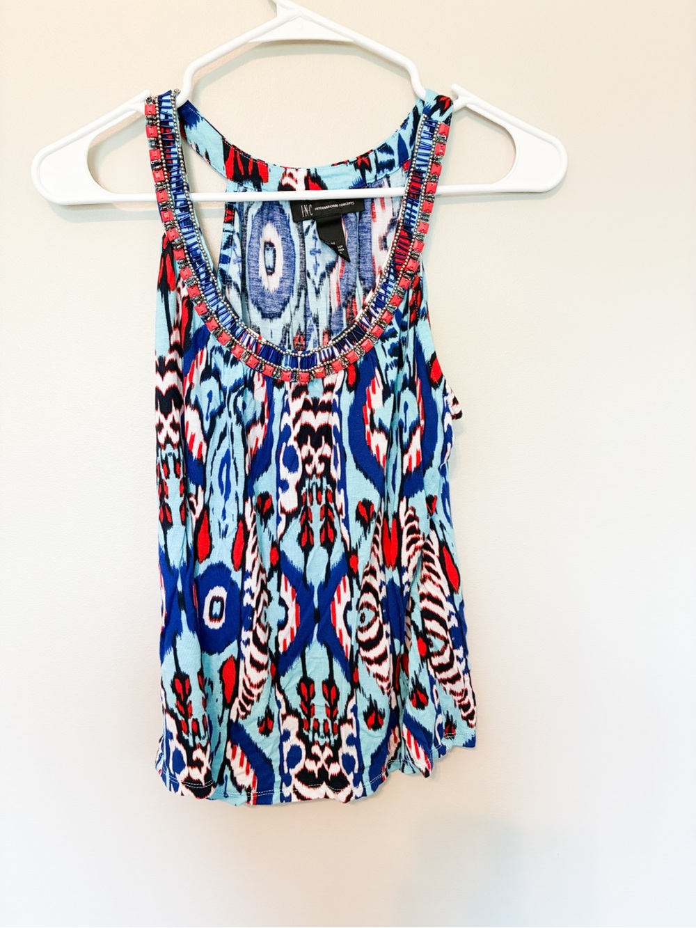 INC International Concepts Blue Patterned Beaded Tank Top